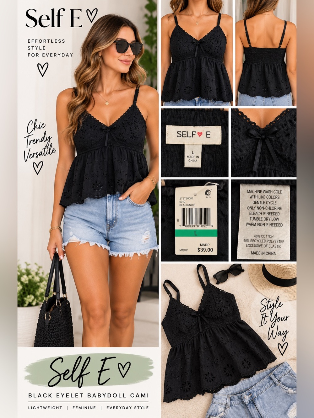 Black Eyelet Babydoll Cami with Adjustable Straps NEW L